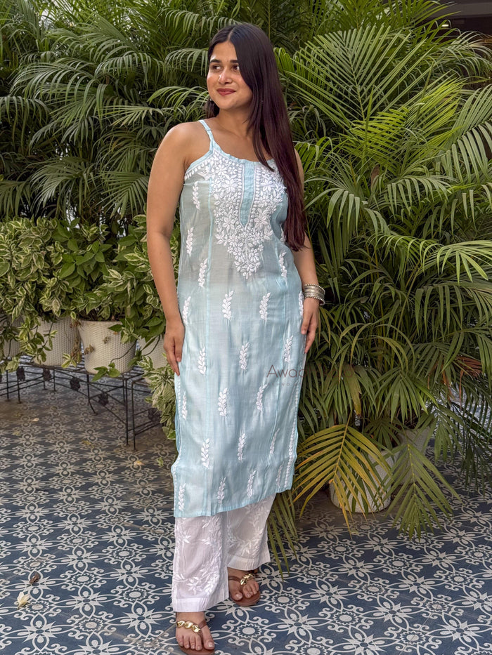 Kiana Chanderi Strap Kurti- Blue