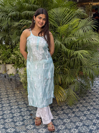 Kiana Chanderi Strap Kurti- Blue