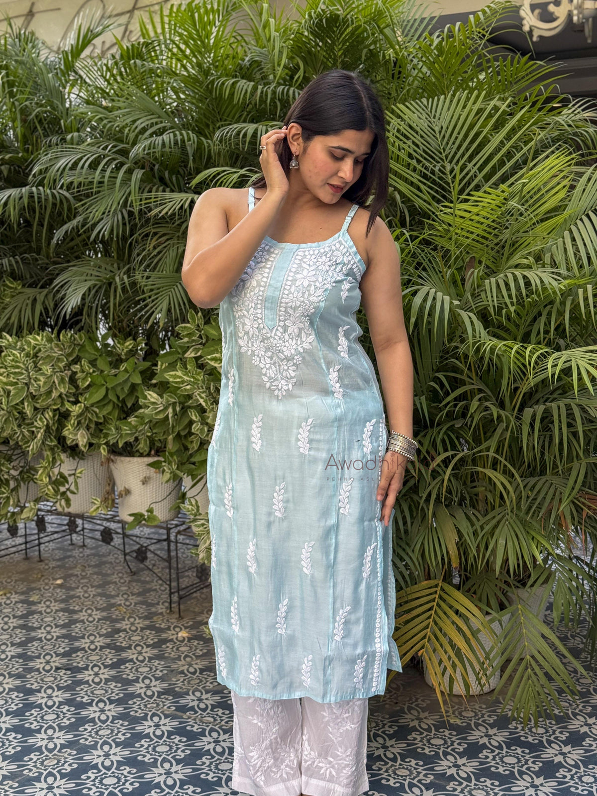 Kiana Chanderi Strap Kurti- Blue