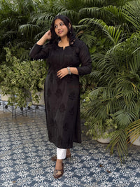 Elina Chanderi Cotton Kurti- Black