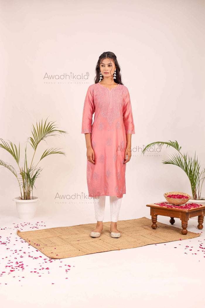 Aashi Pure Chanderi Kurti- Rose Pink