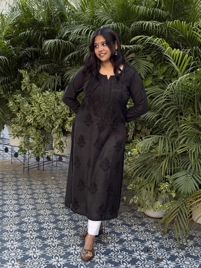 Elina Chanderi Cotton Kurti- Black