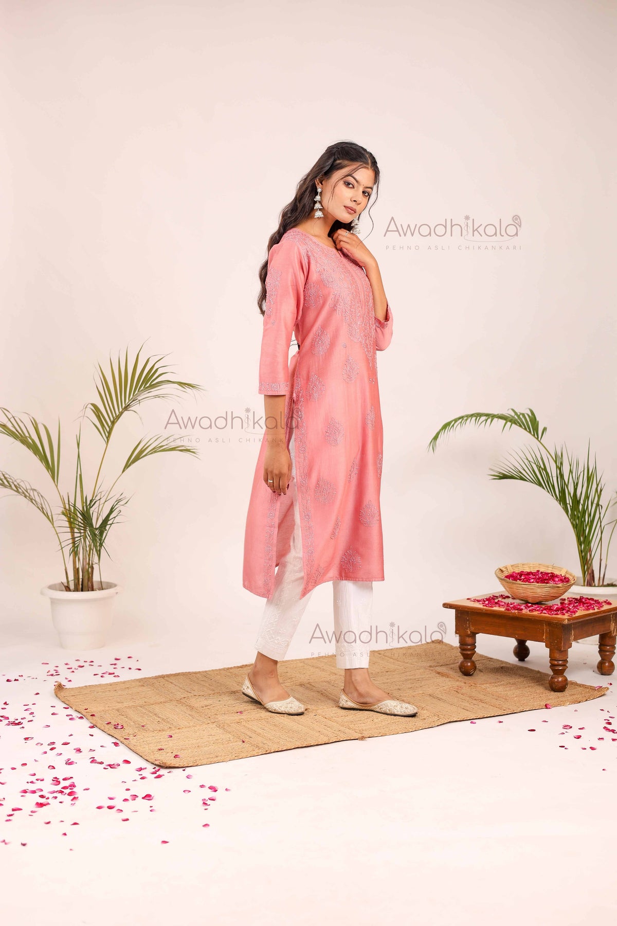 Aashi Pure Chanderi Kurti- Rose Pink