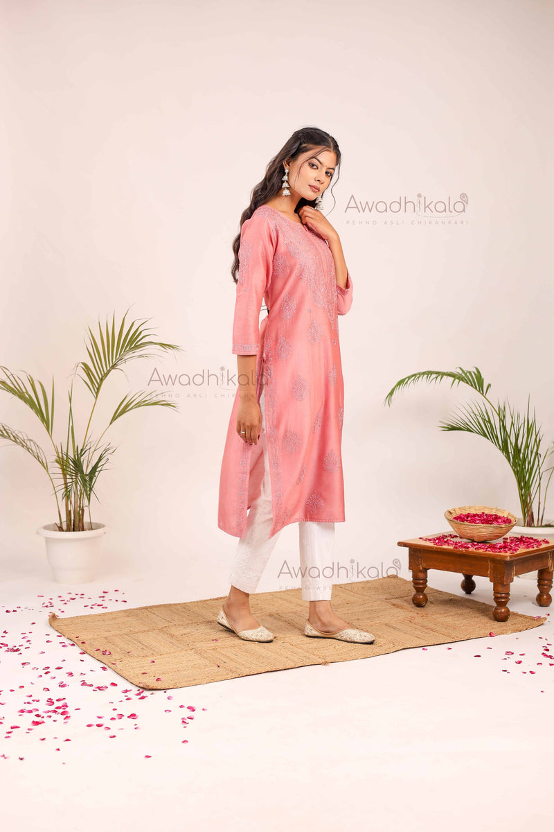 Aashi Pure Chanderi Kurti- Rose Pink
