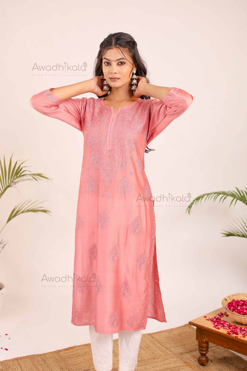 Aashi Pure Chanderi Kurti- Rose Pink