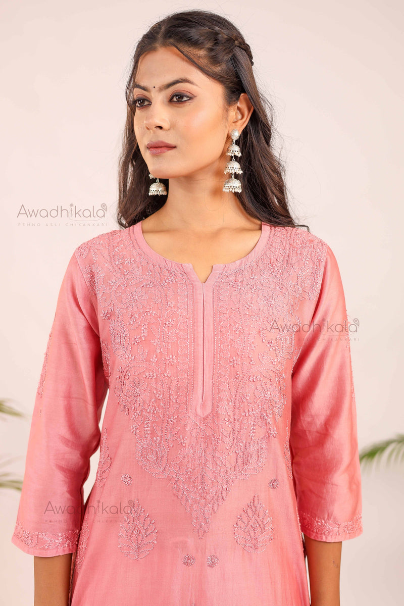 Aashi Pure Chanderi Kurti- Rose Pink