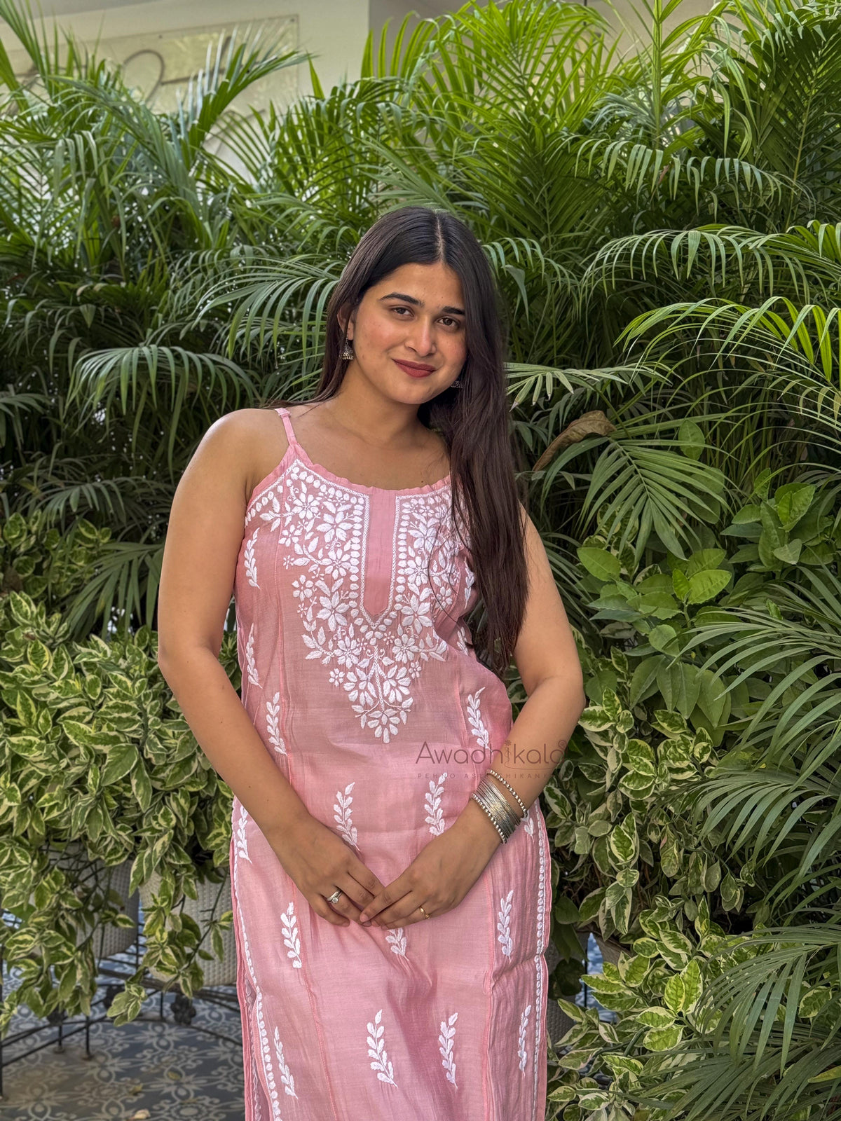 Kiana Chanderi Strap Kurti- Pink