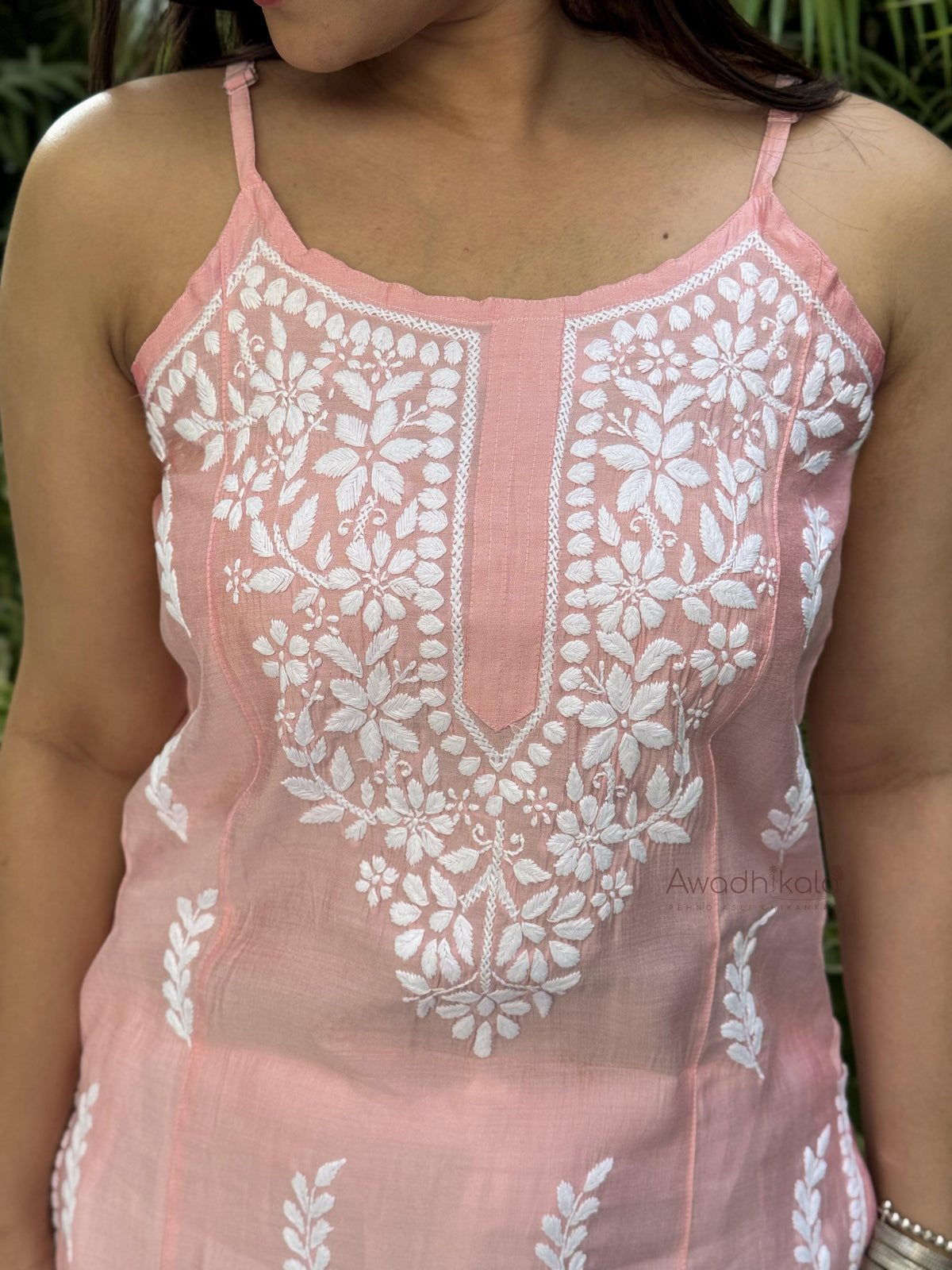Kiana Chanderi Strap Kurti- Pink