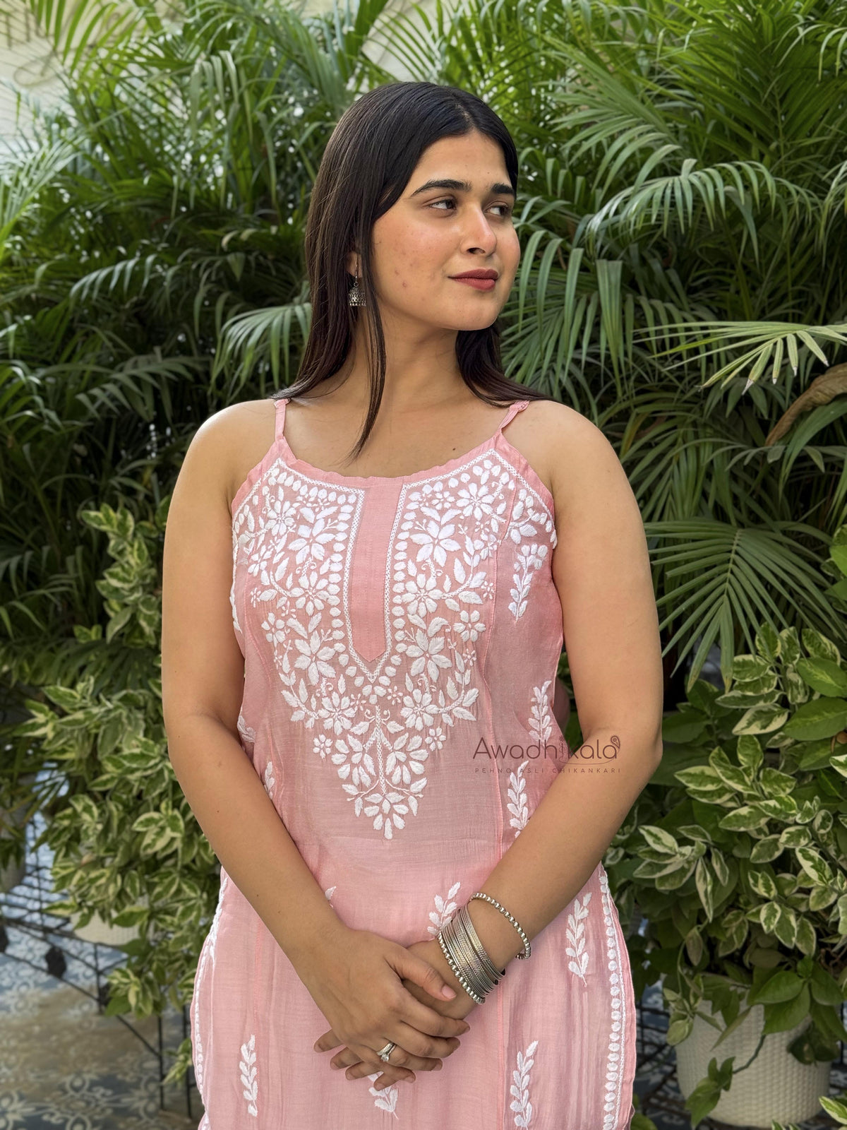 Kiana Chanderi Strap Kurti- Pink