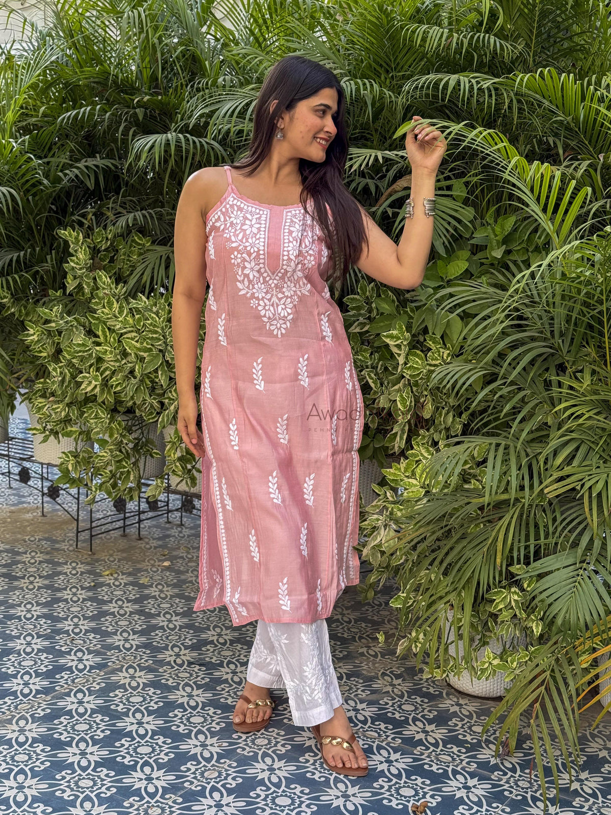 Kiana Chanderi Strap Kurti- Pink