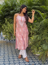 Kiana Chanderi Strap Kurti- Pink
