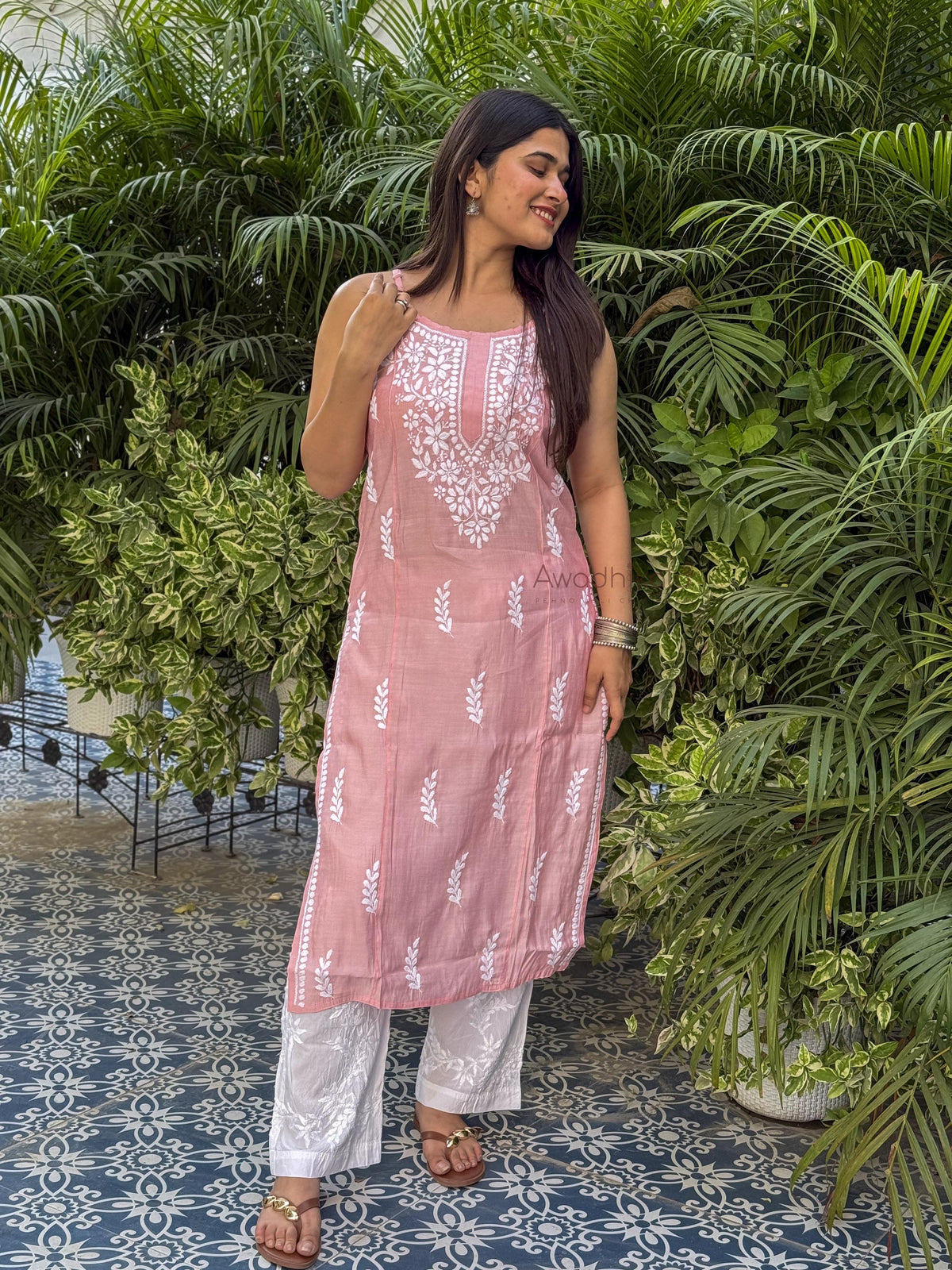 Kiana Chanderi Strap Kurti- Pink