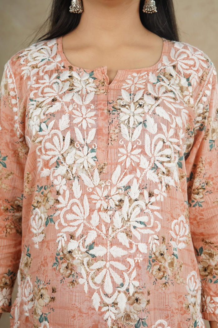 Zaira Mulcotton Printed Kurta Set- Peach