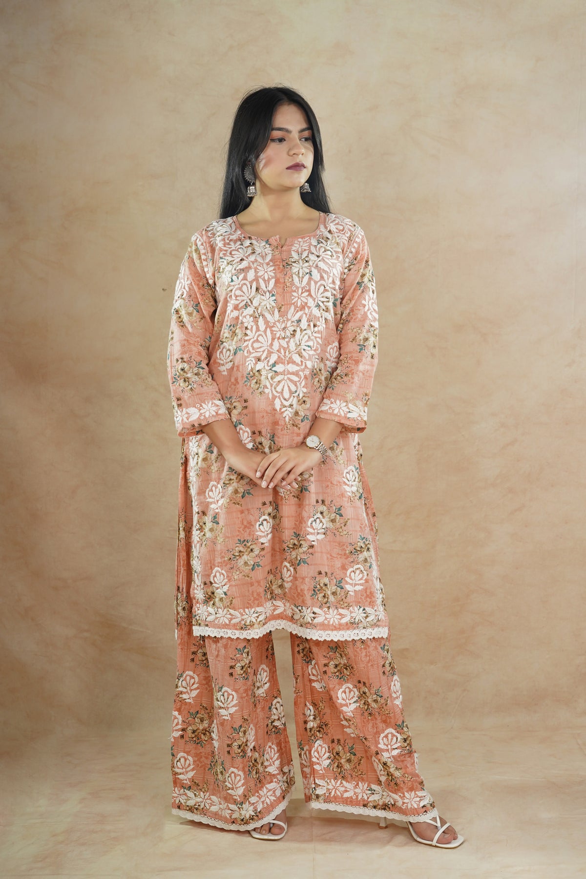 Zaira Mulcotton Printed Kurta Set- Peach