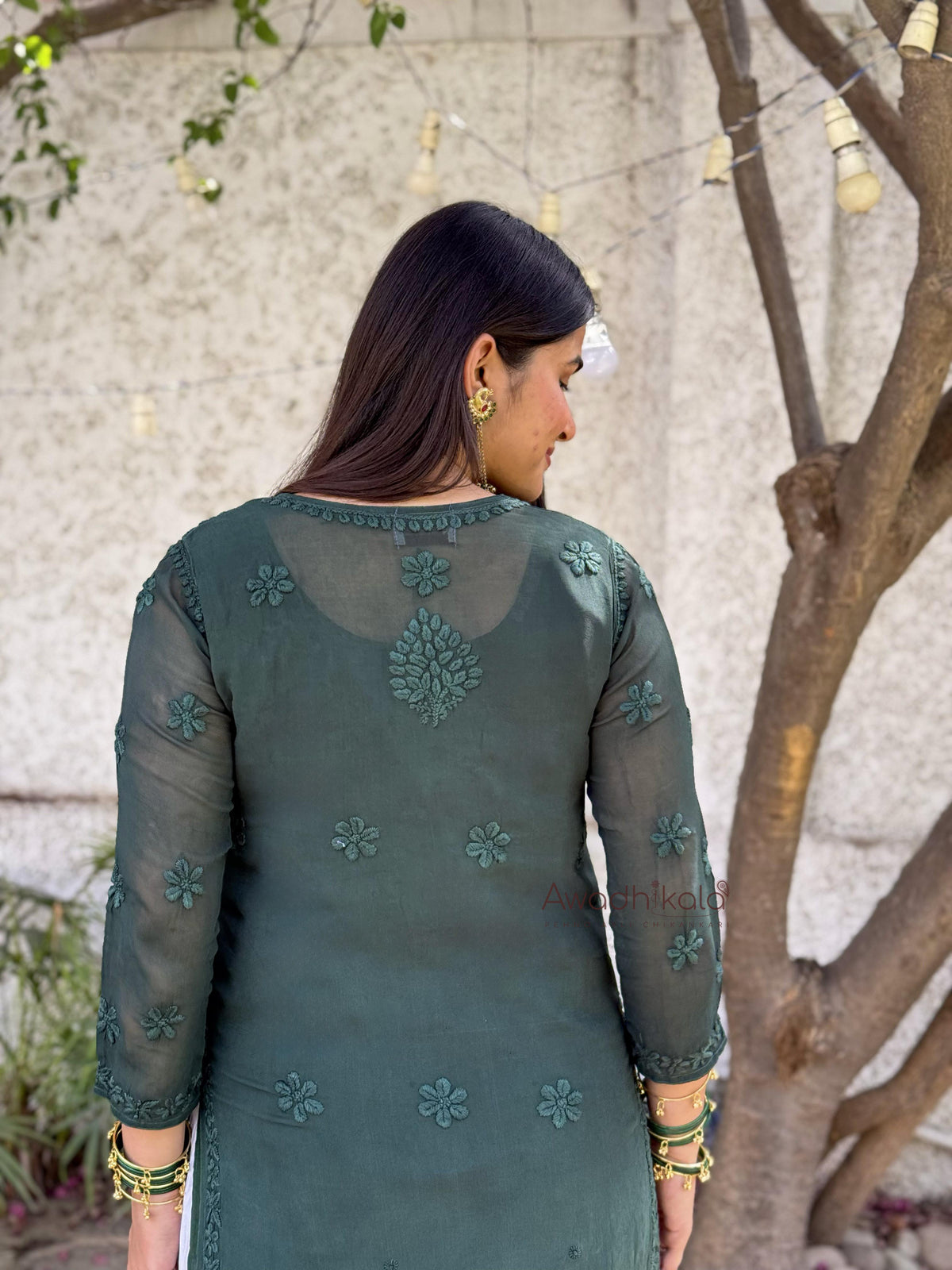 Ruhi Viscose Georgette Kurti- Bottle Green