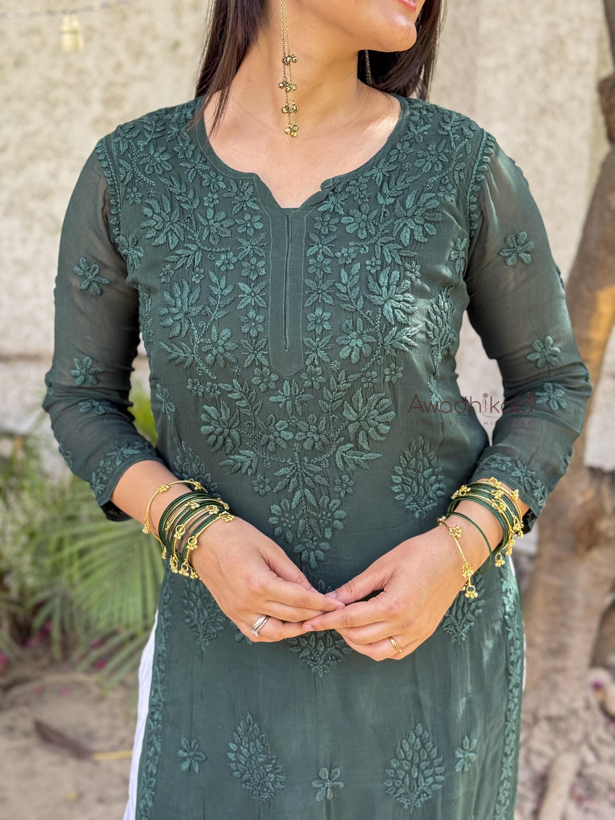 Ruhi Viscose Georgette Kurti- Bottle Green