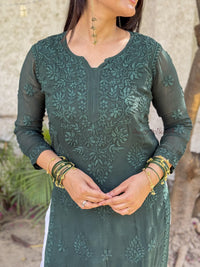 Ruhi Viscose Georgette Kurti- Bottle Green