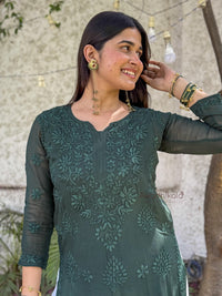 Ruhi Viscose Georgette Kurti- Bottle Green