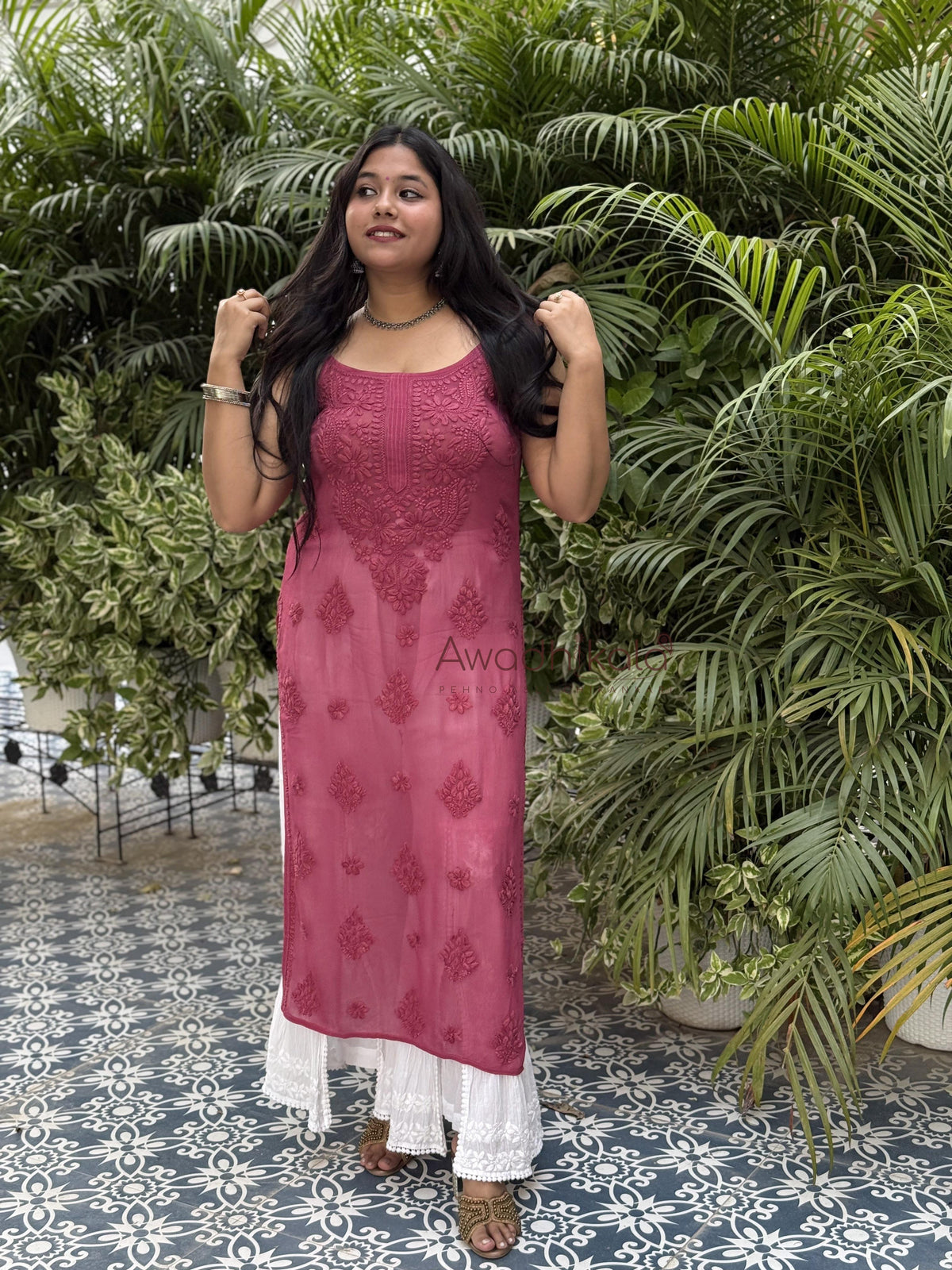 Krisha Viscose Georgette Strap Kurti- Berry Pink