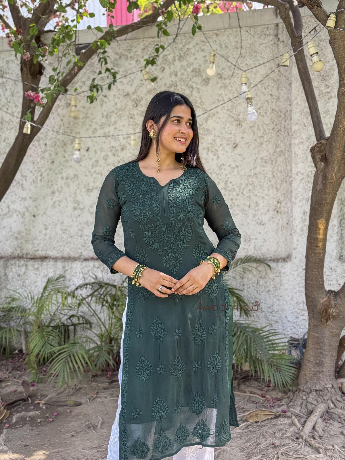 Ruhi Viscose Georgette Kurti- Bottle Green