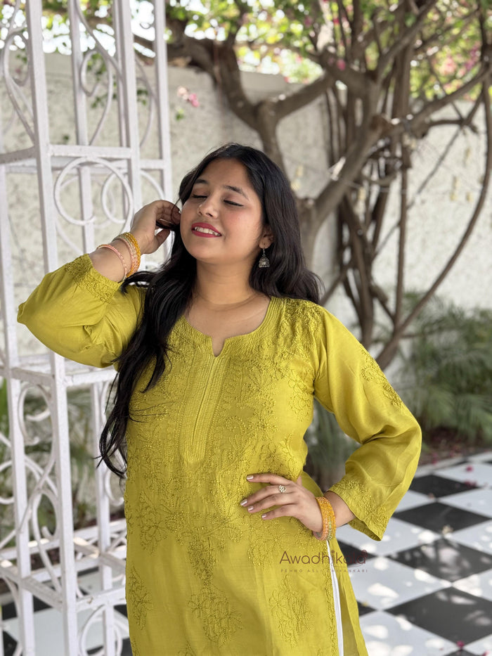 Aaliyah Pure Muslin Kurti- Lemon Green