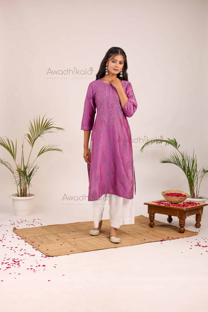 Aashi Pure Chanderi Kurti- Purple