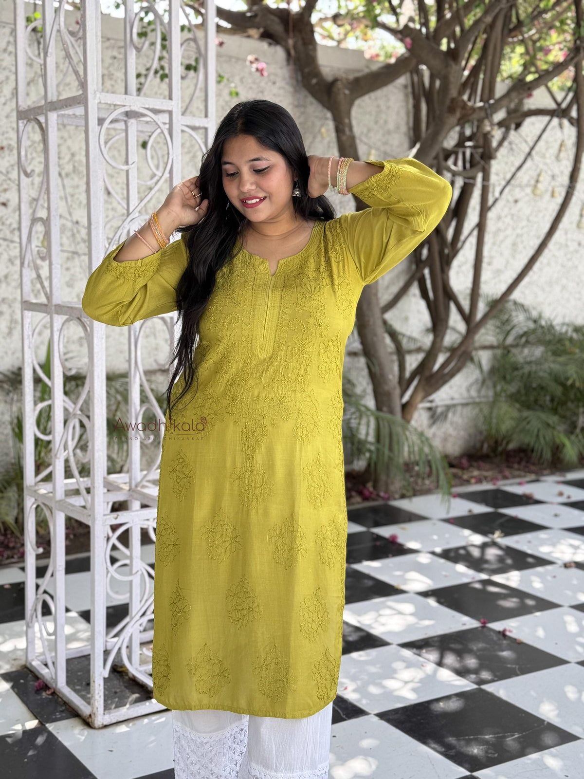 Aaliyah Pure Muslin Kurti- Lemon Green