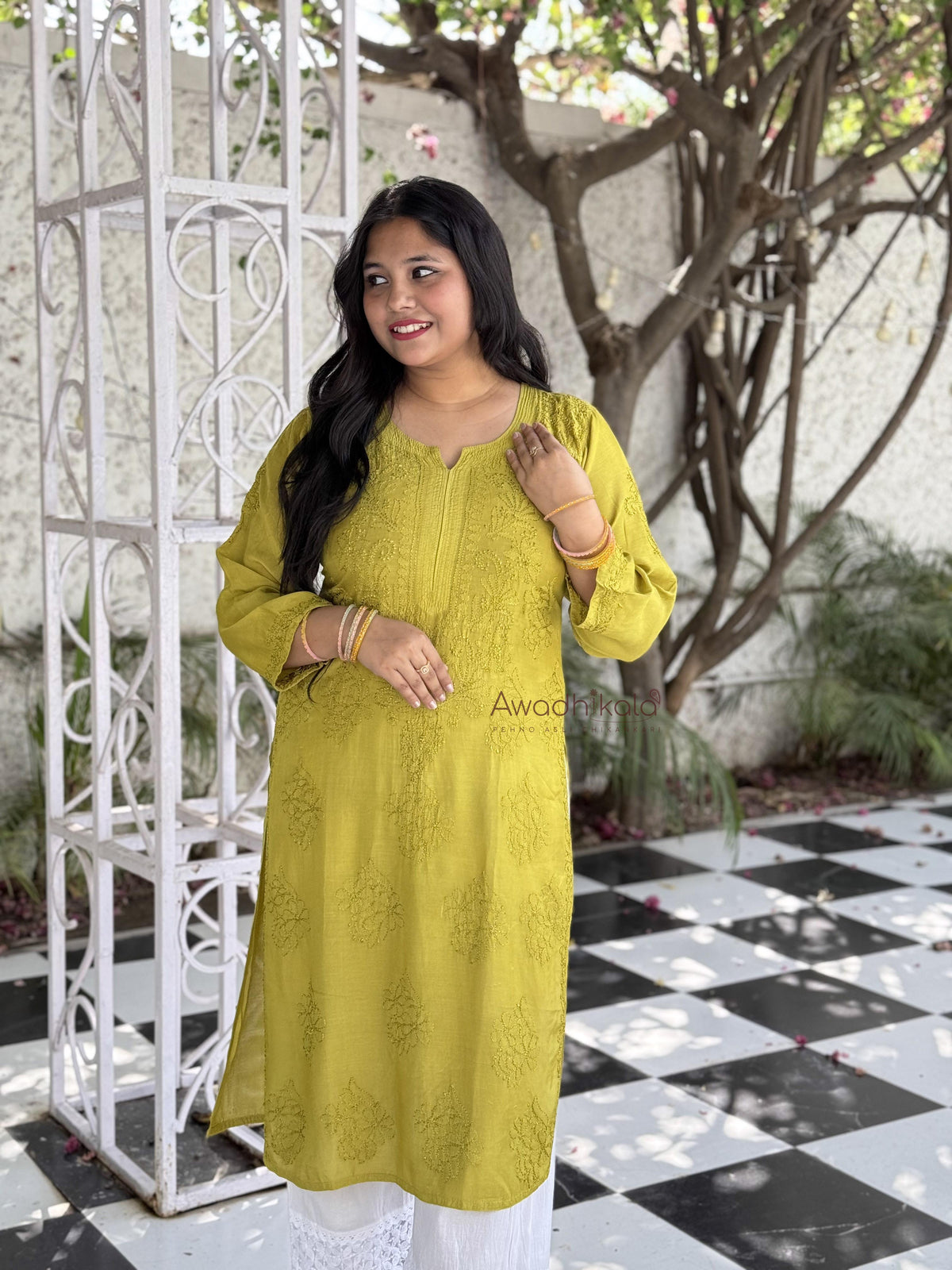 Aaliyah Pure Muslin Kurti- Lemon Green