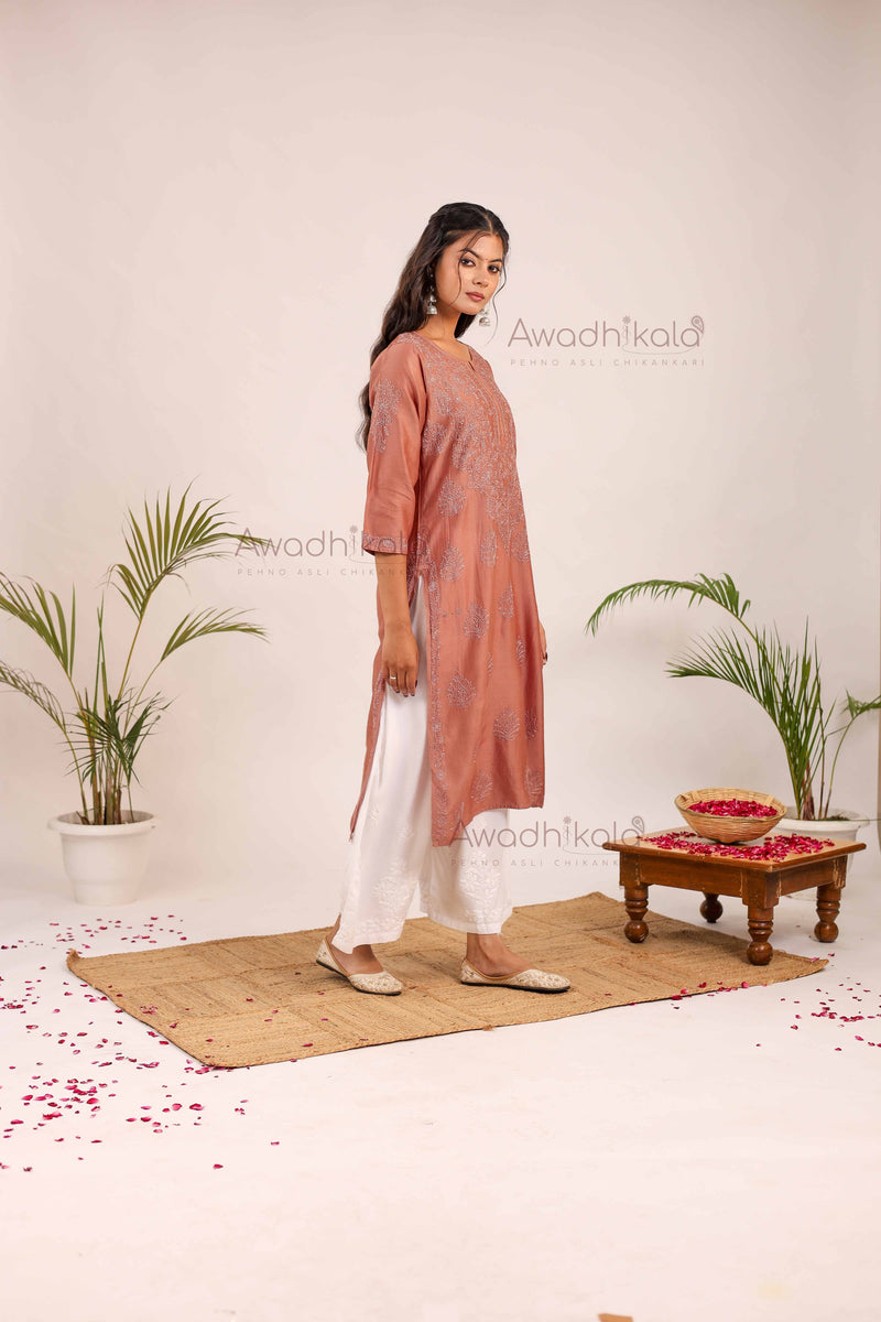 Aashi Pure Chanderi Kurti- Brown