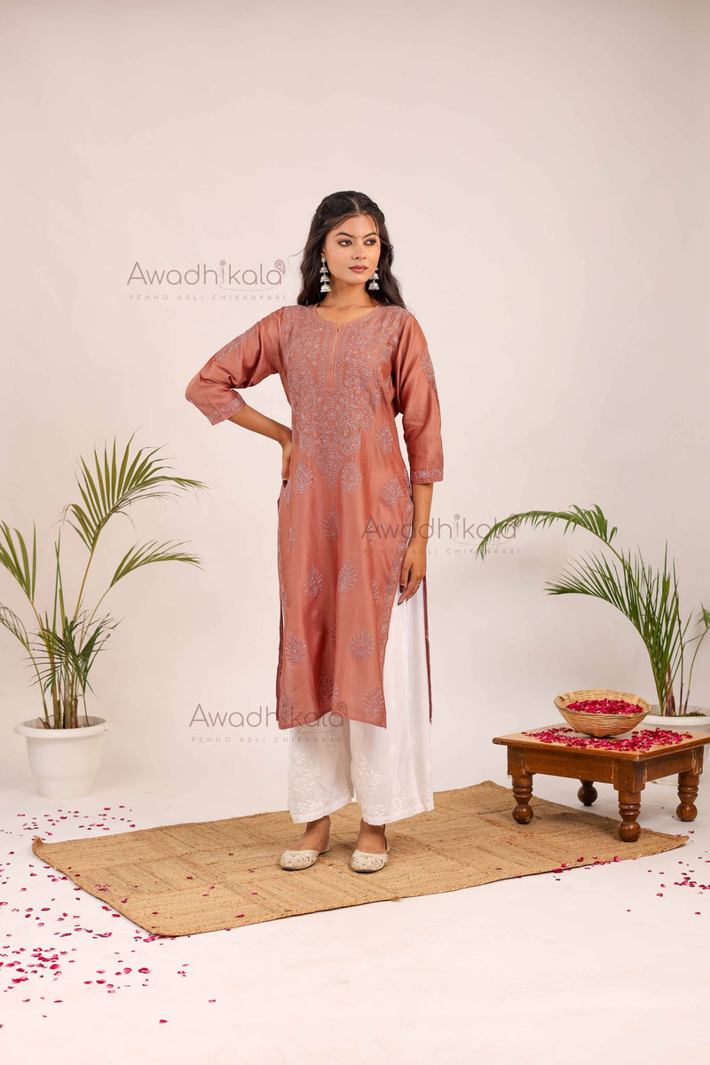 Aashi Pure Chanderi Kurti- Brown