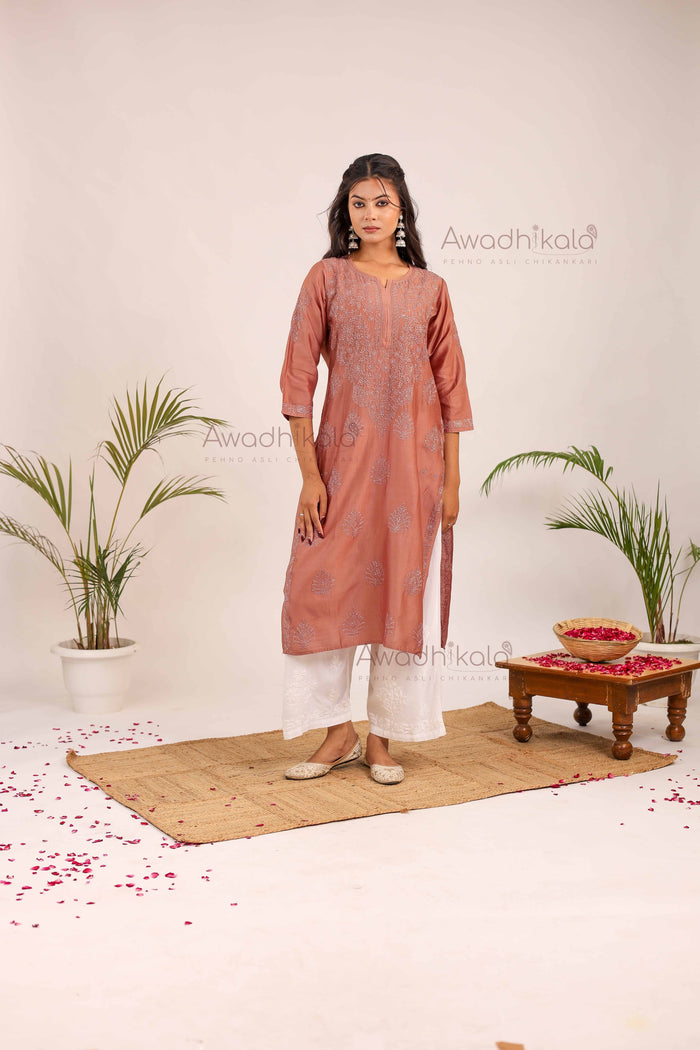Aashi Pure Chanderi Kurti- Brown
