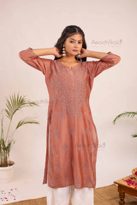 Aashi Pure Chanderi Kurti- Brown