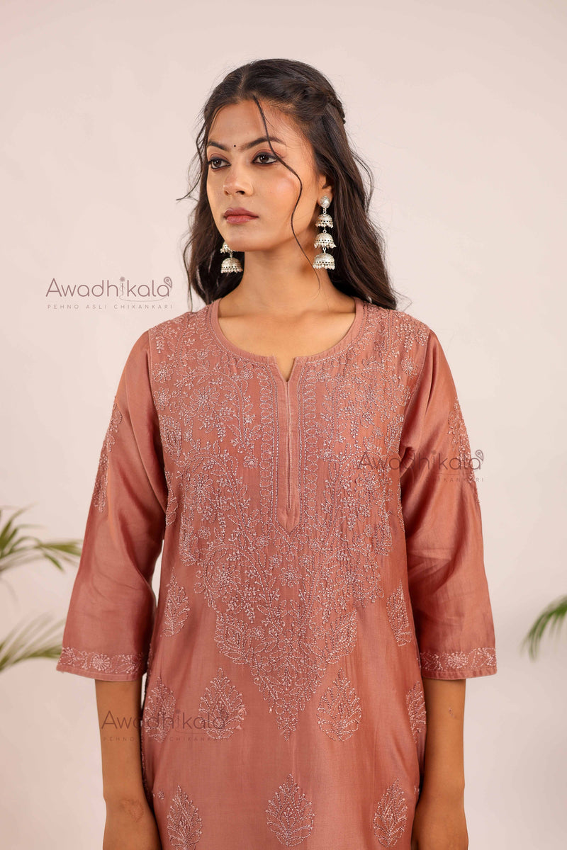 Aashi Pure Chanderi Kurti- Brown