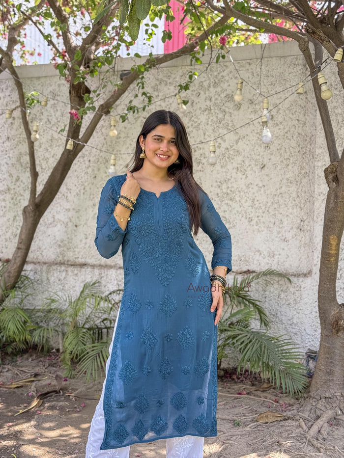 Ruhi Viscose Georgette Kurti- Peacock Blue