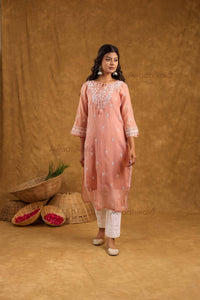 Akira Pure Mulmul Chanderi Kurti- Rust