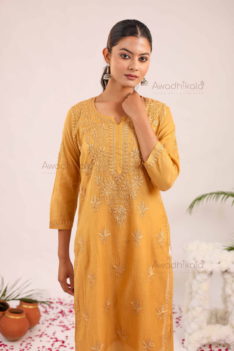 Trisha Chanderi Cotton Kurti- Mustard