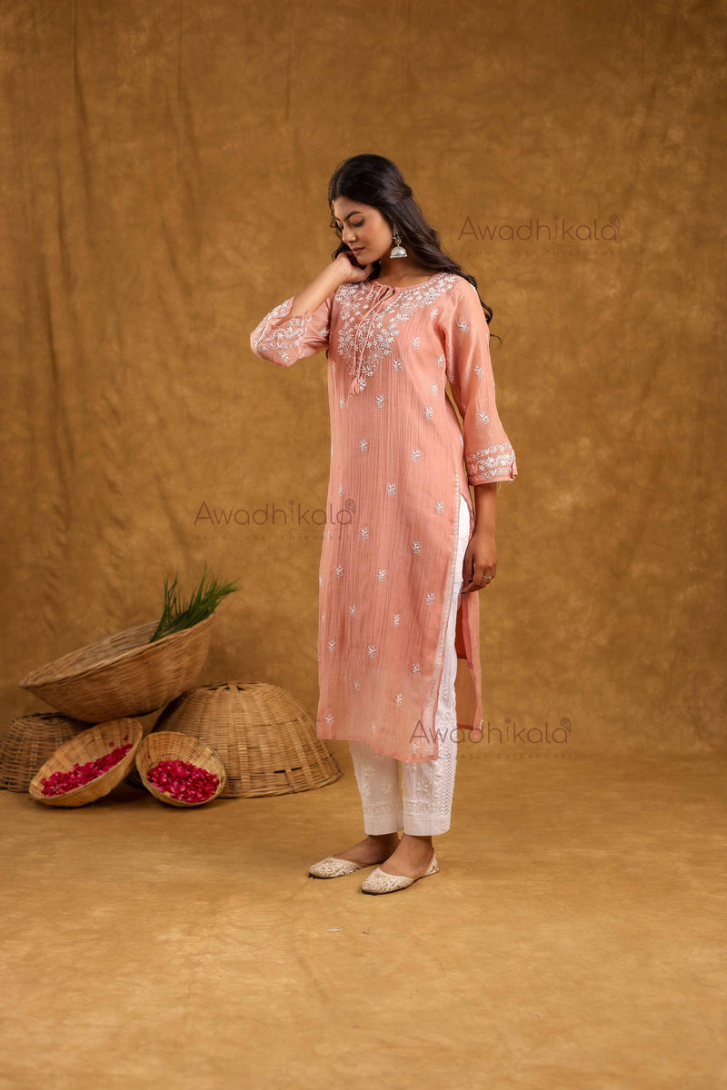 Akira Pure Mulmul Chanderi Kurti- Rust