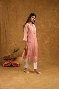 Akira Pure Mulmul Chanderi Kurti- Rust