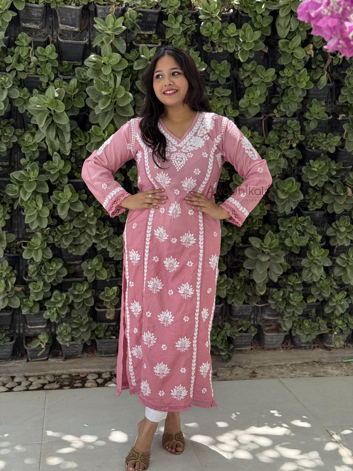 Reeva Chanderi Cotton Kurti- Pink