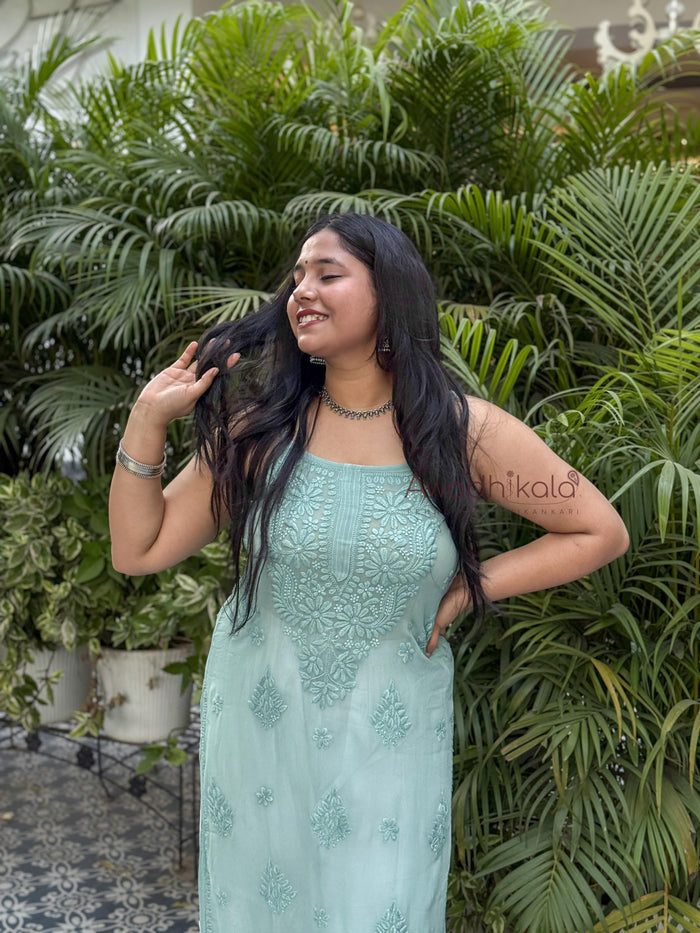 Krisha Viscose Georgette Strap Kurti- Green