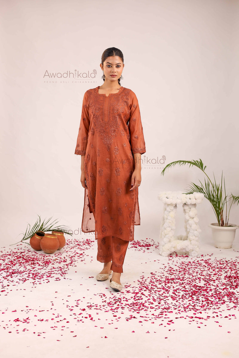 Tarini Chanderi Cotton Set- Rust