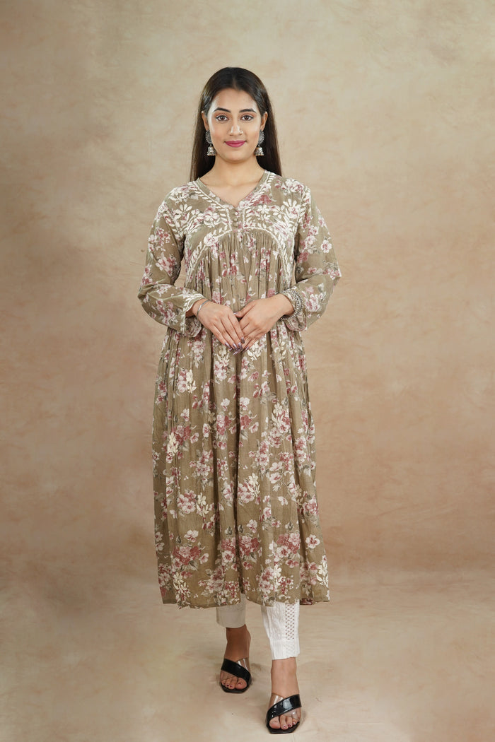 Afra Mulcotton Printed Gown- Olive Green