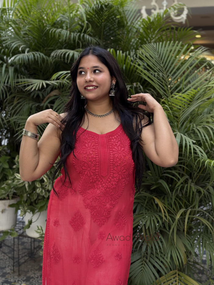 Krisha Viscose Georgette Strap Kurti- Tomato Red