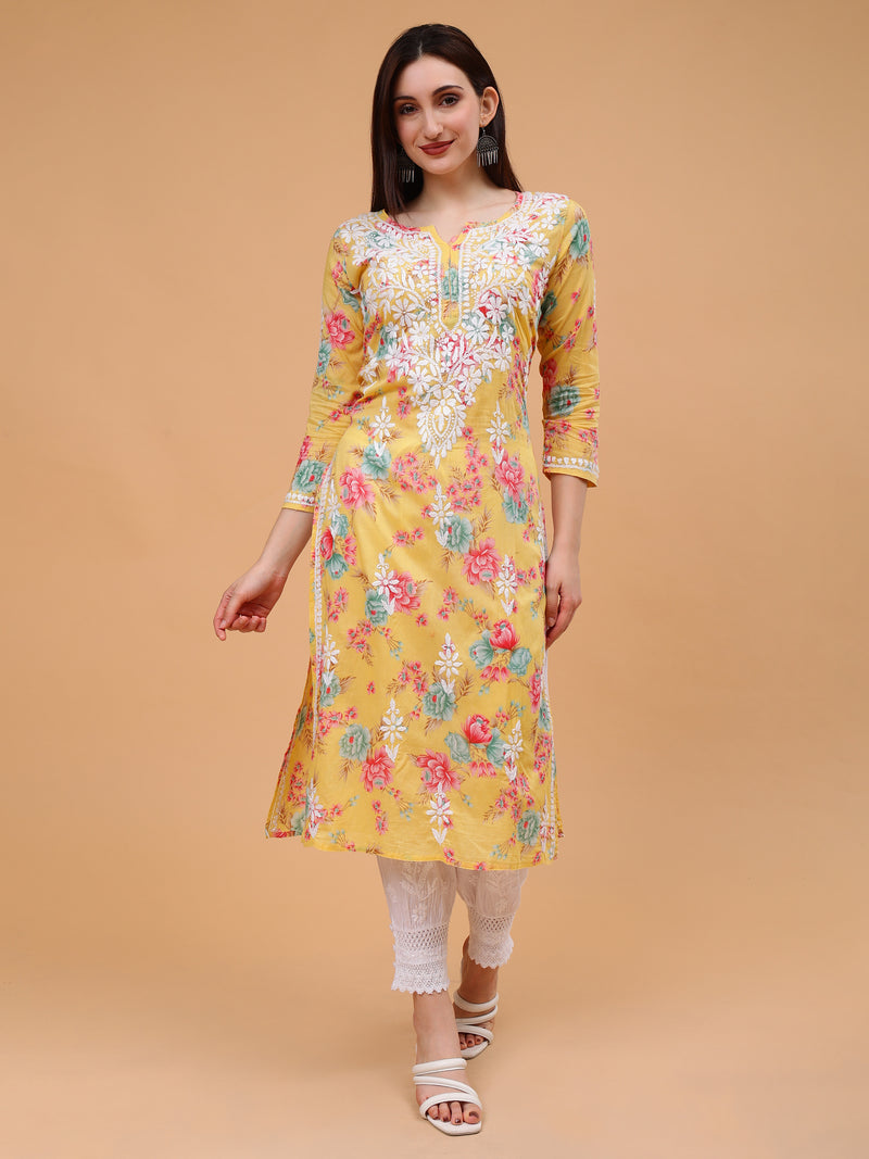 Sara Mulcotton Printed Kurti- Yellow