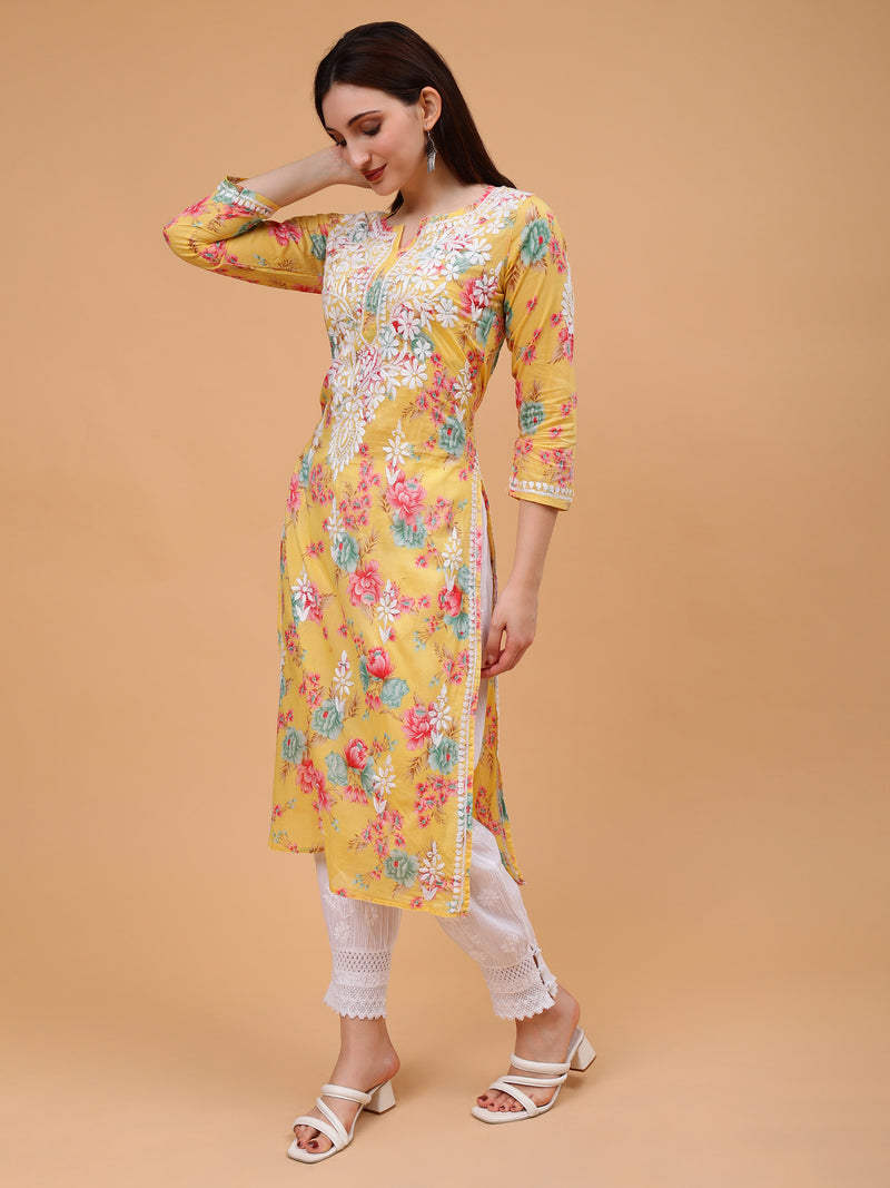 Sara Mulcotton Printed Kurti- Yellow