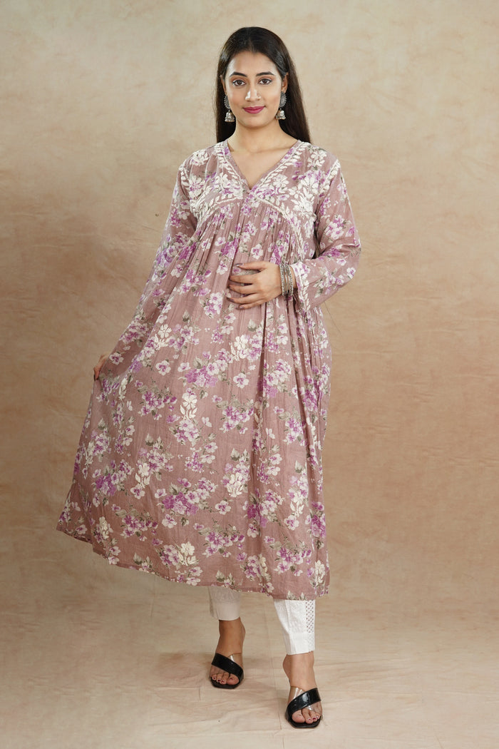 Afra Mulcotton Printed Gown- Purple