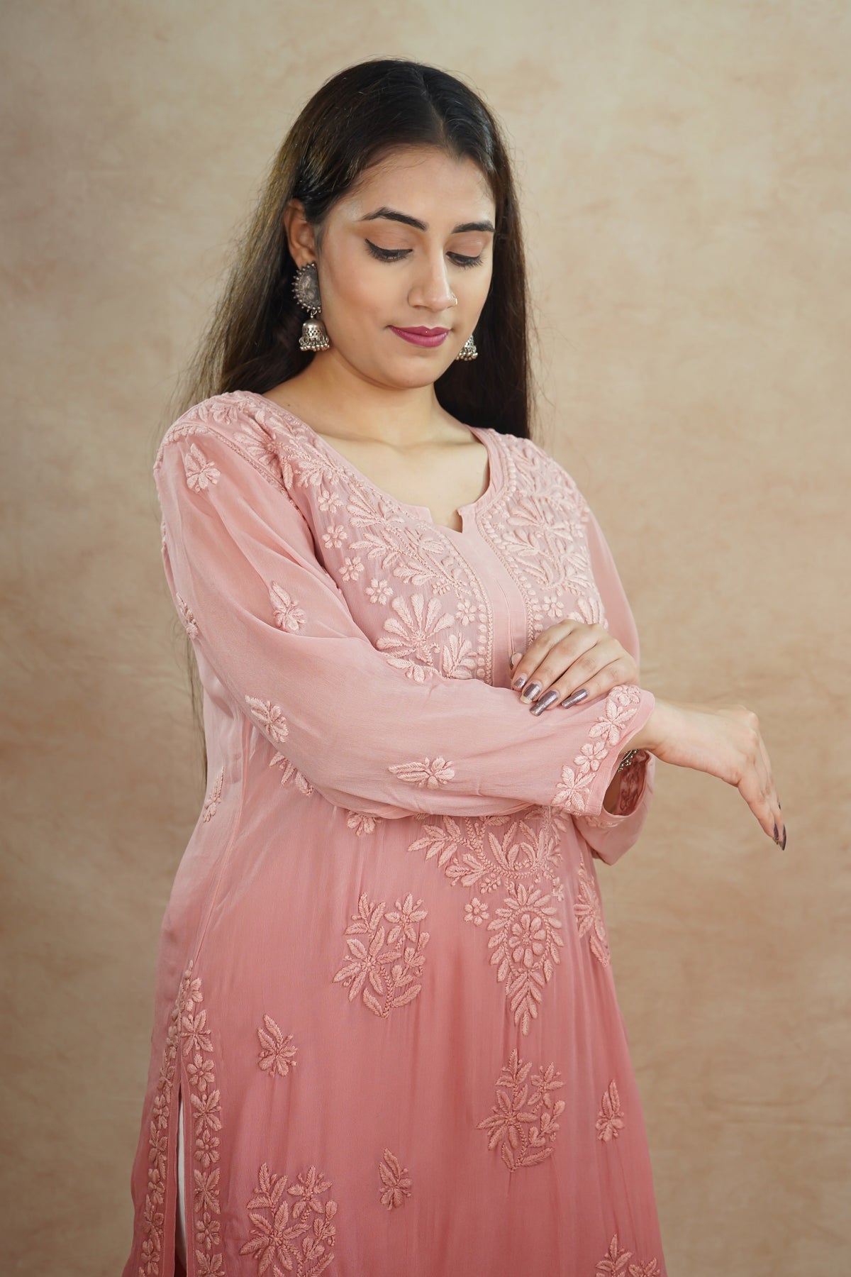 Ruhi Viscose Georgette Kurti- Rose Pink