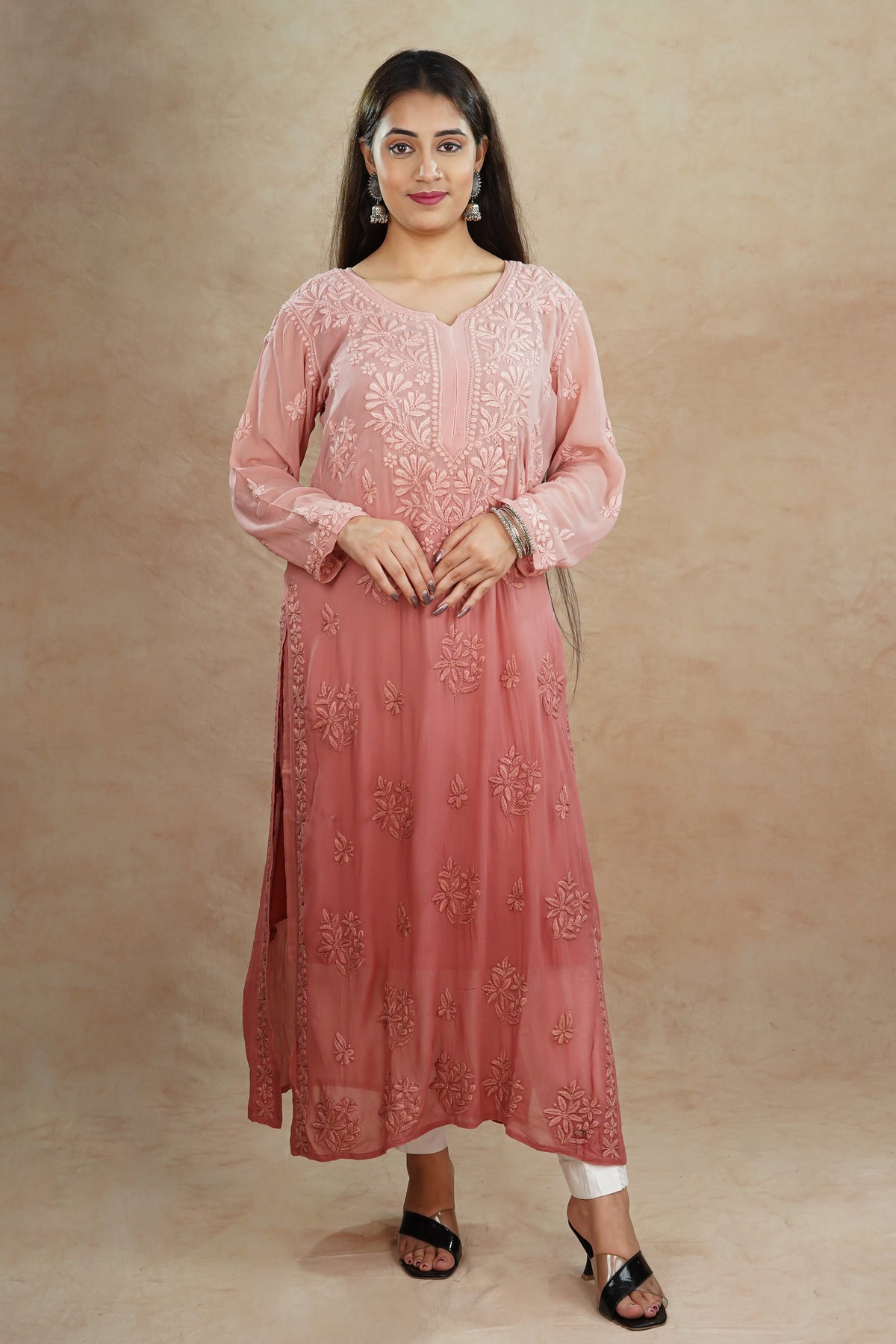 Ruhi Viscose Georgette Kurti- Rose Pink