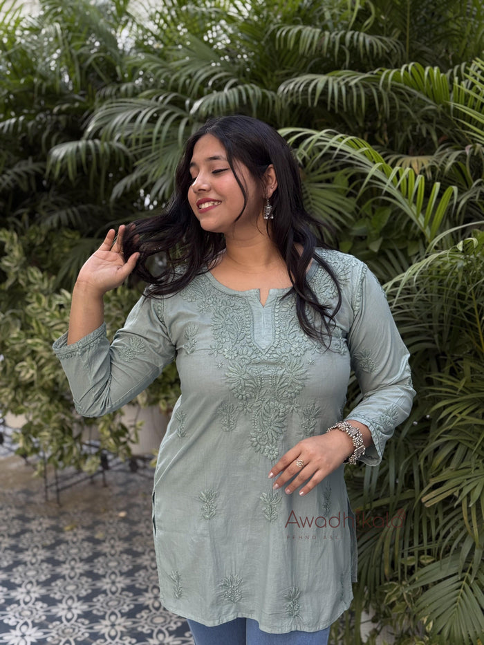 Riya Mulmul Cotton Short Kurti- Green