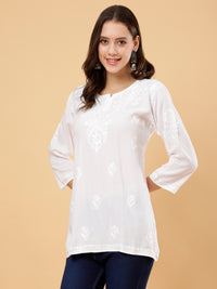 Aditi Rayon Cotton Short Kurti- White